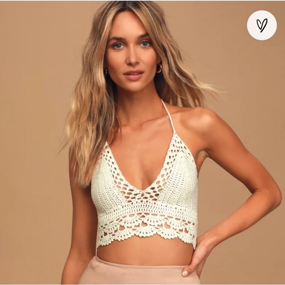 Lulu's Let's Run Away Ivory Crochet Halter Crop Top - M/L - Picture 2 of 9